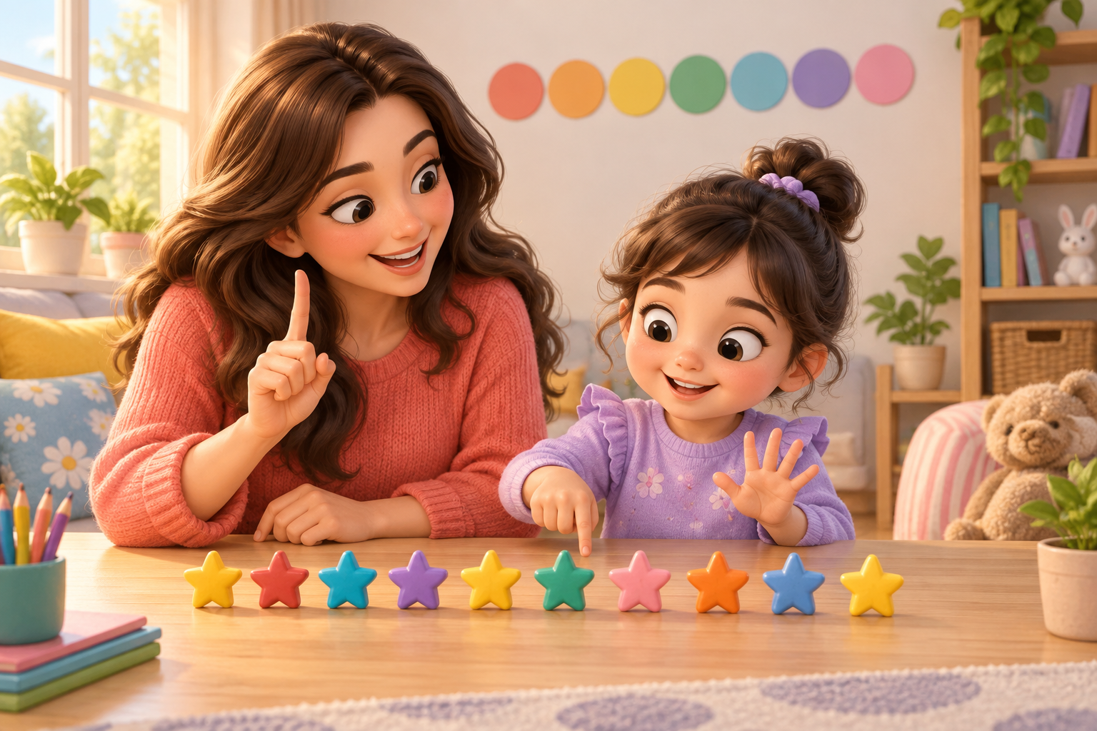 مادر و کودک در حال شمارش ده ستاره رنگی روی میز