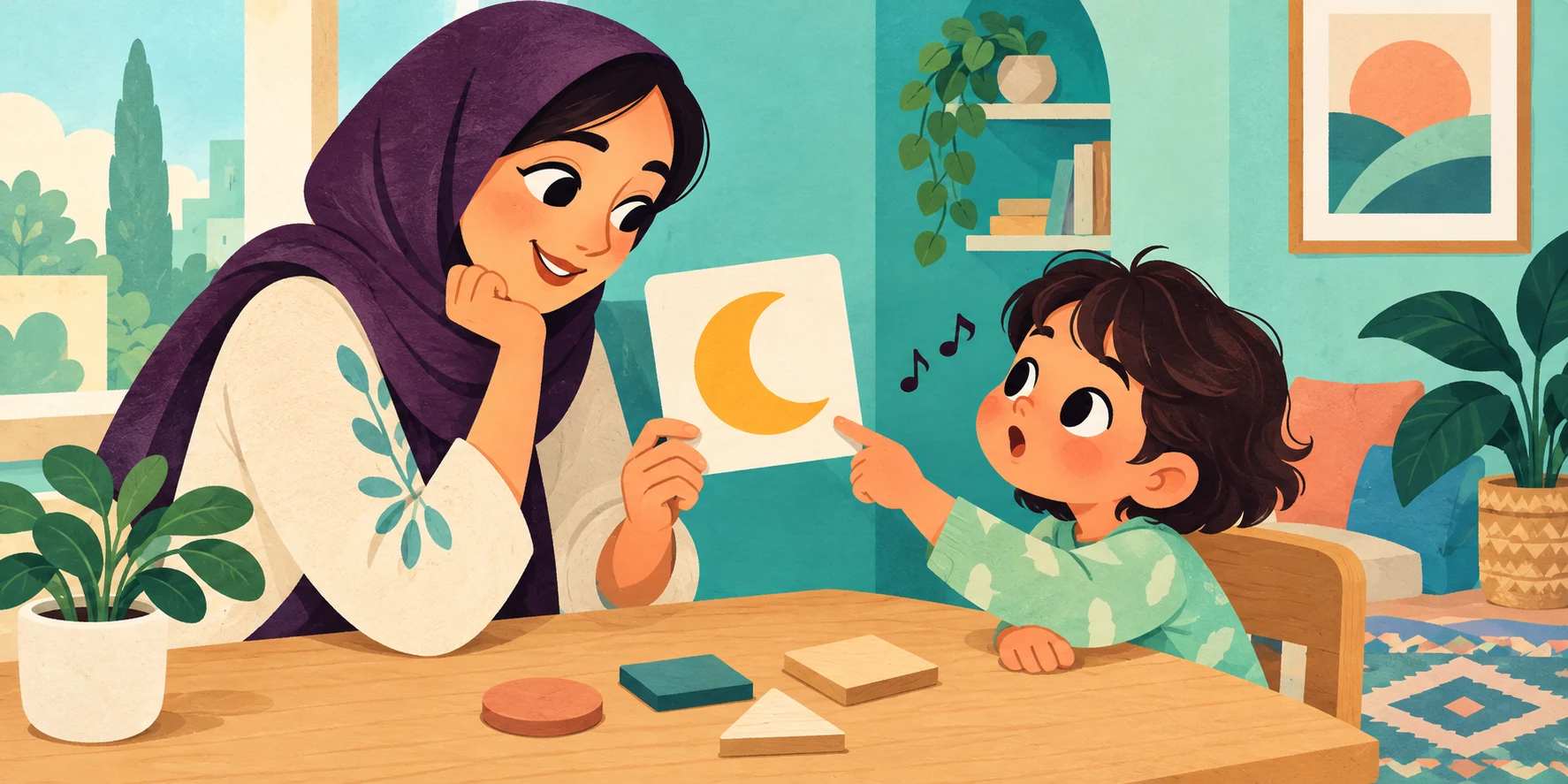 مادر و کودک با کارت تصویر ماه صدای آغاز واژهٔ انگلیسی را تمرین می‌کنند