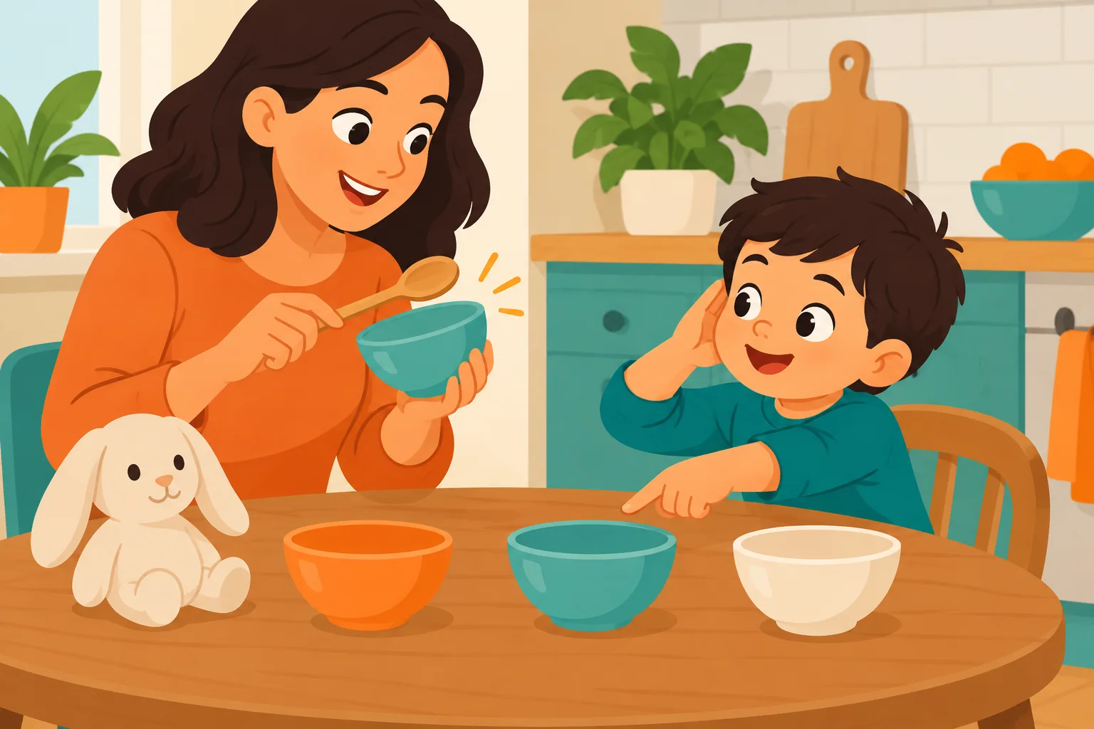 کودک کنار مادر به صدای آرام یک وسیلهٔ بازی گوش می‌دهد و از میان دو اسباب‌بازی انتخاب می‌کند.